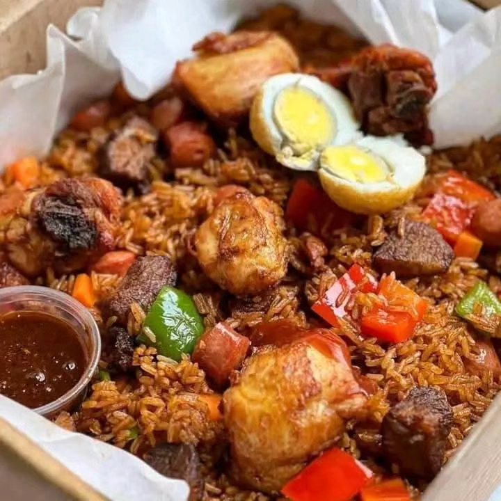 Jollof with Zongo Stew / Shito, Spaghetti, Salad, Egg, Plantain, Meat, Chicken Wings Turkey