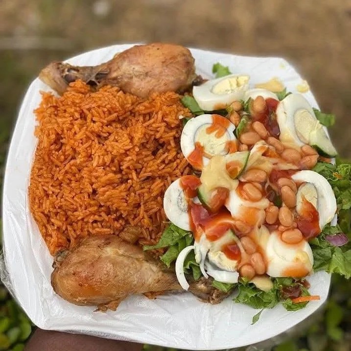 Jollof with Zongo Stew / Shito, Spaghetti, Salad, Egg, Chicken